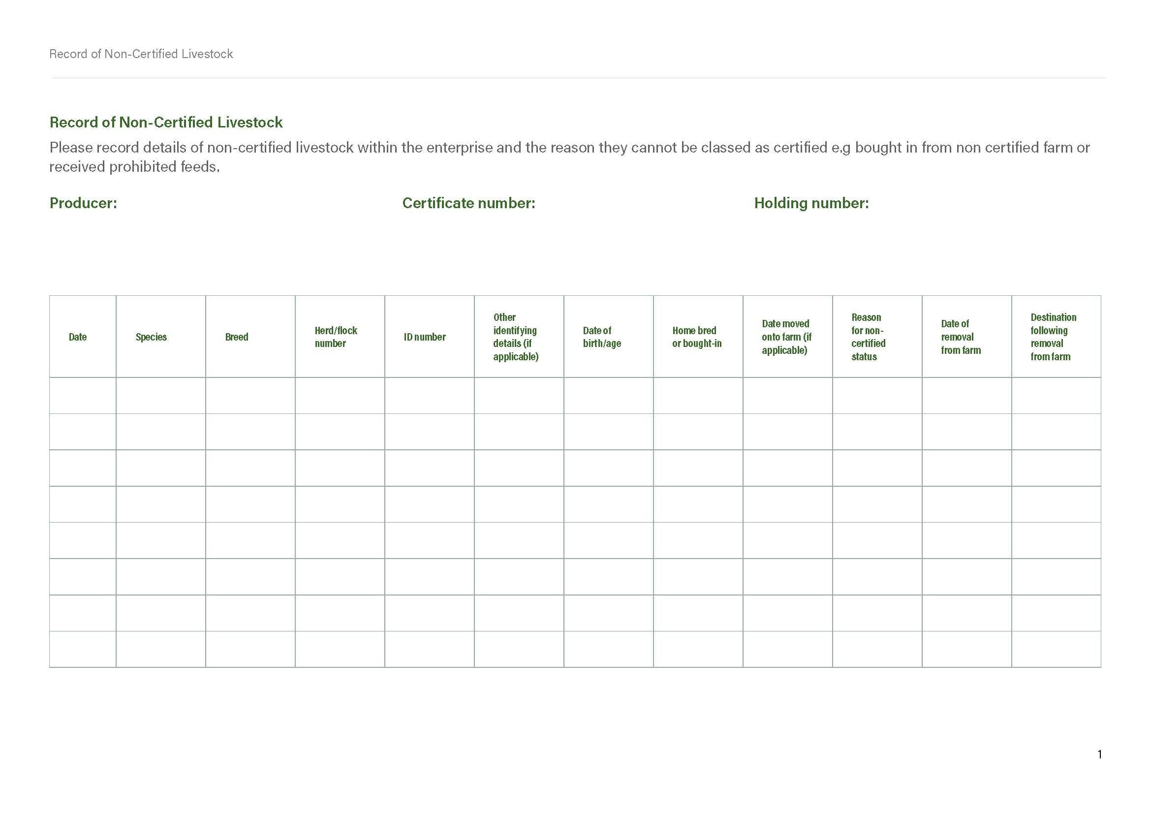 Record of Non-Certified Livestock