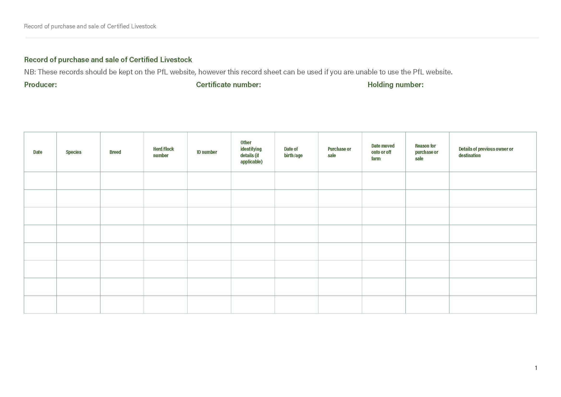 Record of purchase and sale of Certified Livestock
