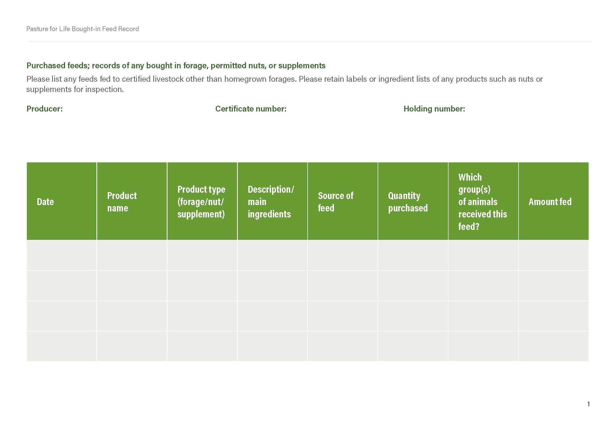 Bought-in Feed Record